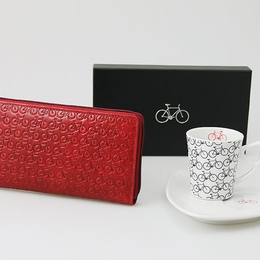 Damengeldbörse "Auf dem Rad" rot + Tasse