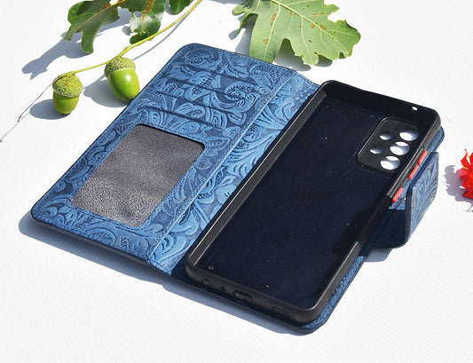 Damen Leder Handyhülle für iPhone 16 - Damascena Blue