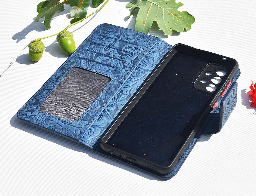 Damen Leder Handyhülle für iPhone 13 Pro Max - Damascena Blue