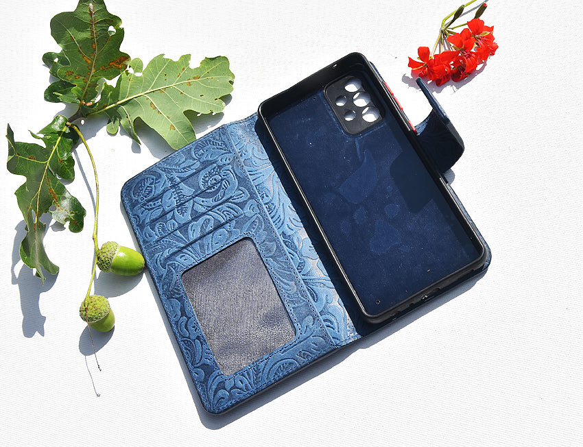 Damen Leder Handyhülle für iPhone 13 Pro Max - Damascena Blue