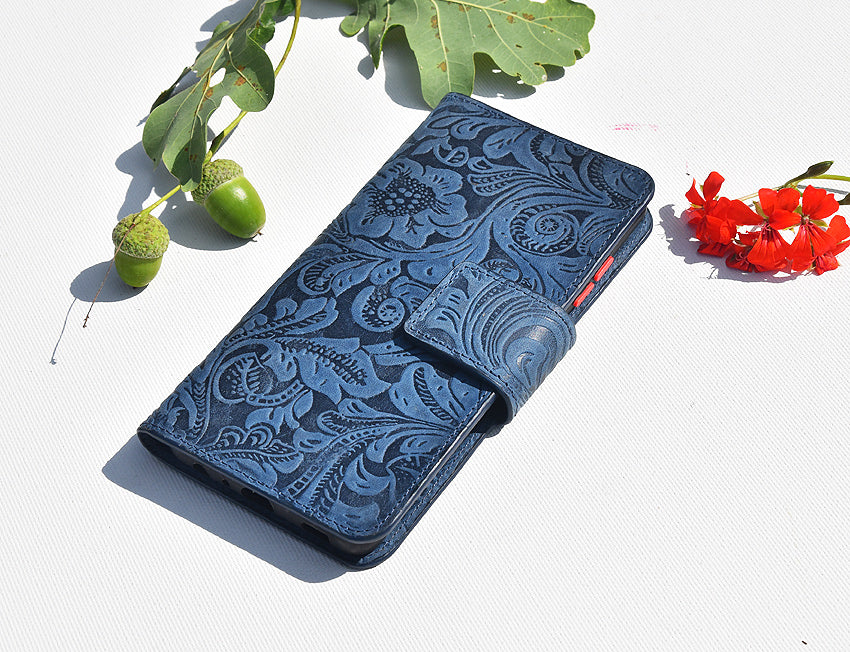 Damen Leder Handyhülle für iPhone 13 Pro Max - Damascena Blue