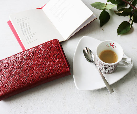 Damengeldbörse "Auf dem Rad" rot + Tasse
